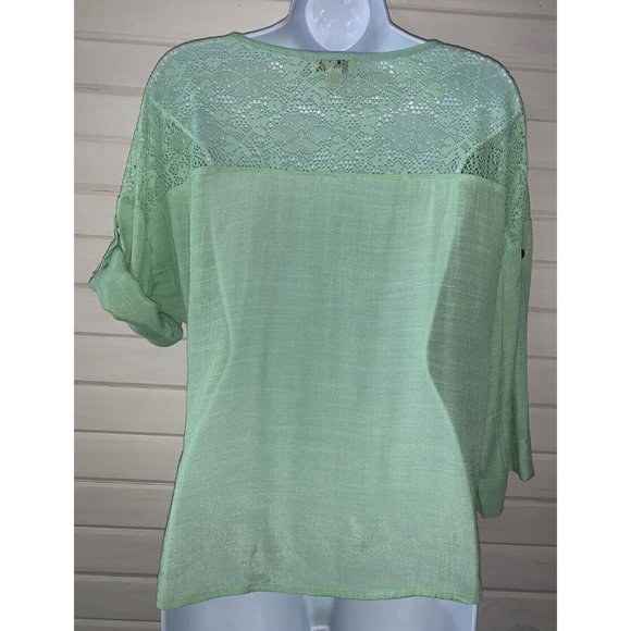 Live And Let Live Sz MEDIUM Tie Hem Tunic Top Rayon Aqua Green Lace Detail EUC - Picture 7 of 10